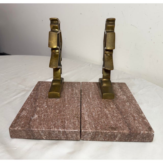 Vintage Heavy Pair Modernist Mid Century Modern Bronze Marble Figural Bookends For Sale - Image 9 of 12