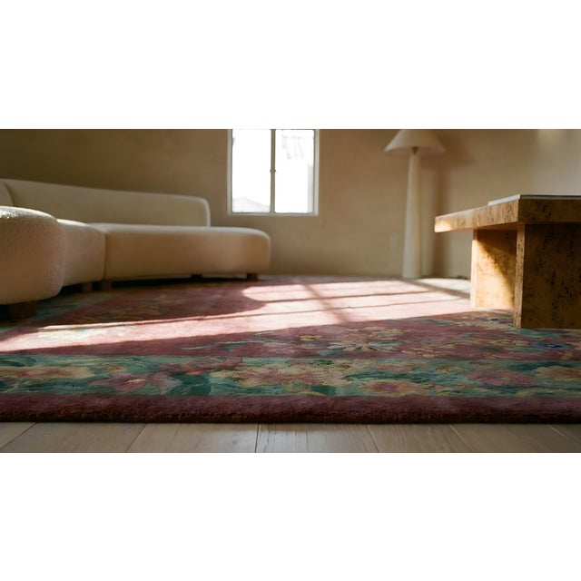 1920s Pink Rose Floral Antique Chinese Art Deco Rug 8'9" X 11'4" Handknotted Wool Carpet For Sale - Image 9 of 10