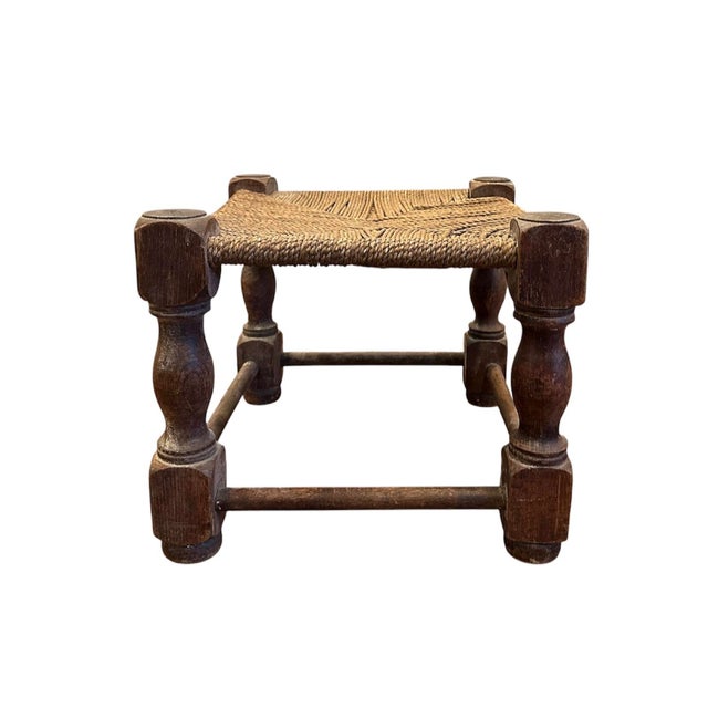 American Antique Folk Art Style Wood & Seagrass Rope Stool / Footstool / Ottoman For Sale - Image 3 of 9