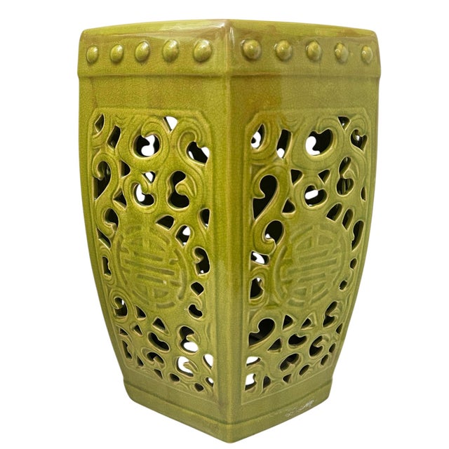 Mid Century Hexagonal Avocado Green Garden Stool For Sale - Image 6 of 9