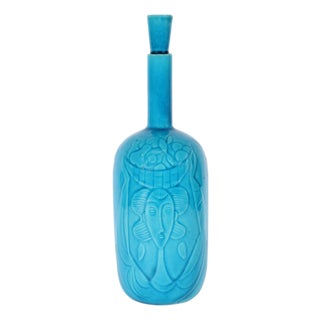 Rörstrand Sweden Blue Ceramic Bottle With Stopper For Sale