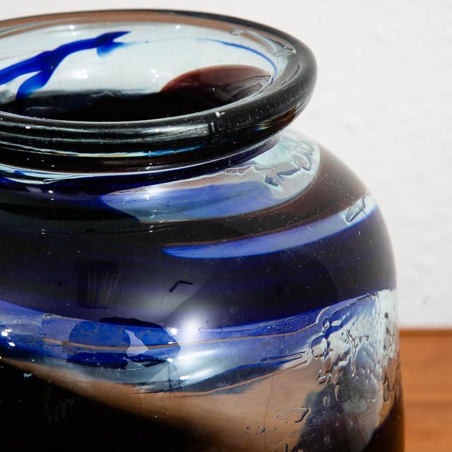 Mid Century Modern Studio Glass Vase Blue and Clear 70s Handblown Rounded Vessel For Sale - Image 9 of 11