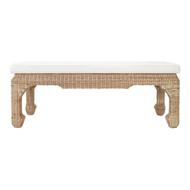 Matthew Izzo Home Massey Ming Style Rattan Bench With Ivory Linen Cushion For Sale