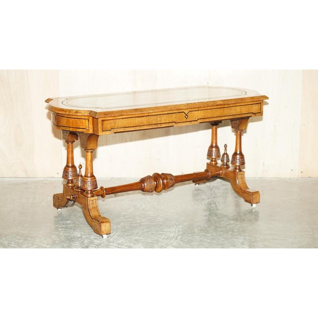Antique Carved Burl Walnut and Green Leather Coffee Table, 1880 For Sale - Image 18 of 18