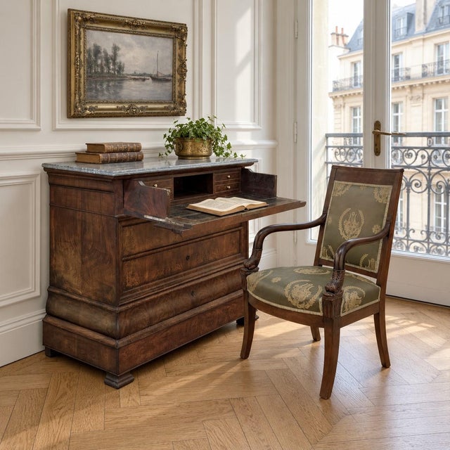 Exceptional French Louis Philippe period commode secretary crafted in richly figured burl walnut and crowned with its...