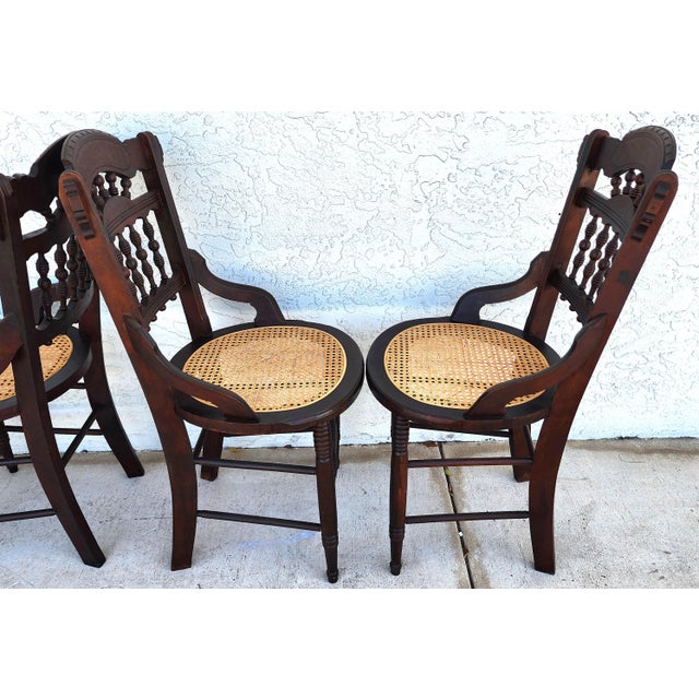 Antique Eastlake Victorian Style Walnut Cane Seat Side Dining Chairs Set of 4 For Sale - Image 11 of 13