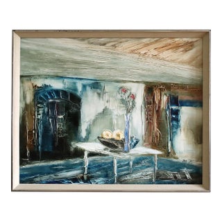 Mid-Century Modern 'Stillness in Blue Light' Vintage Expressive Interior Still Life Oil Painting, Framed For Sale