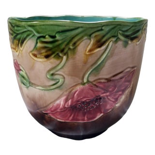 French Art Nouveau Majolica Poppy Cache-Pot by Faiencerie Dorchies, 1920s For Sale