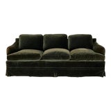 20th Century English Moss Green Velvet Upholstered 3-Seat Saddle Arm Sofa For Sale