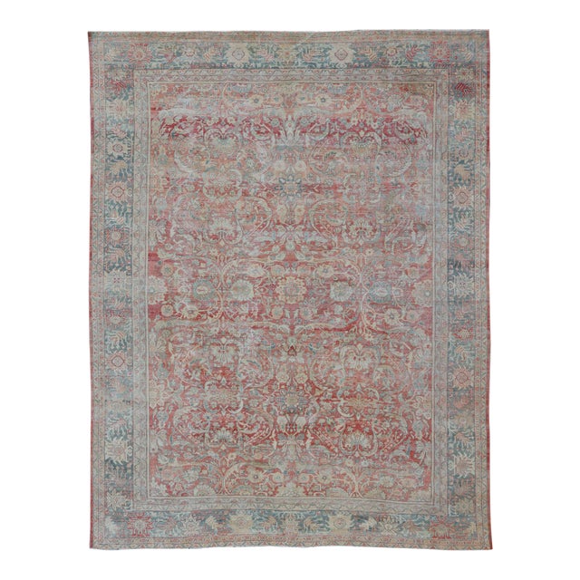 Hand Knotted Antique Persian Sultanabad Rug Faded Red and Blue Colors 10'4 X 13'2 For Sale