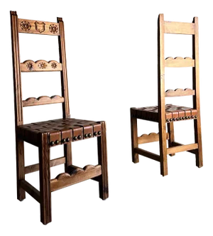 Brutalist Carved Wood Chairs with Leather Seat, Set of 6