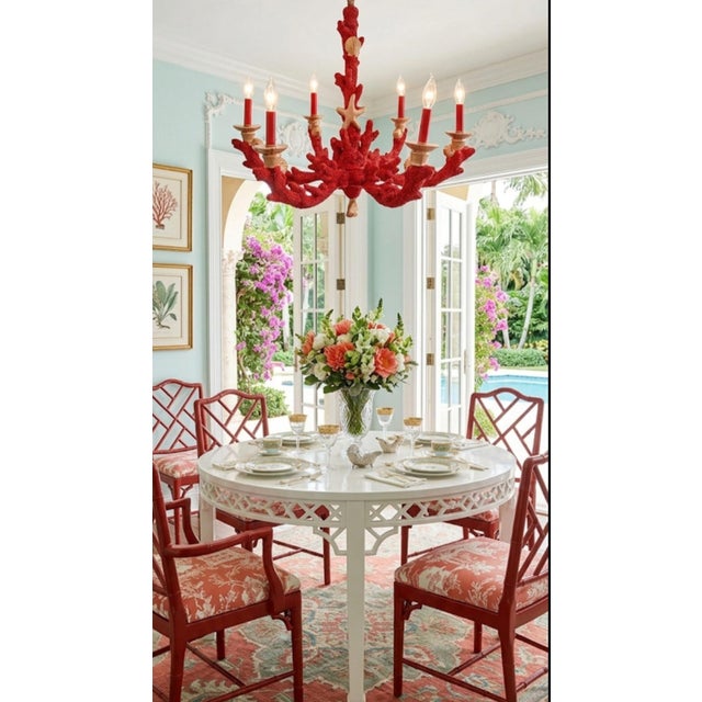 Custom Painted Bright Red Gold Faux Coral Coastal Regency 6 Light Coral Chandelier For Sale - Image 10 of 11