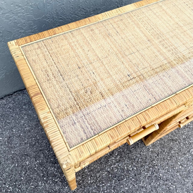 Mid 20th Century Boho Chic Wicker Inlaid Glass Top Writing Desk For Sale - Image 5 of 12