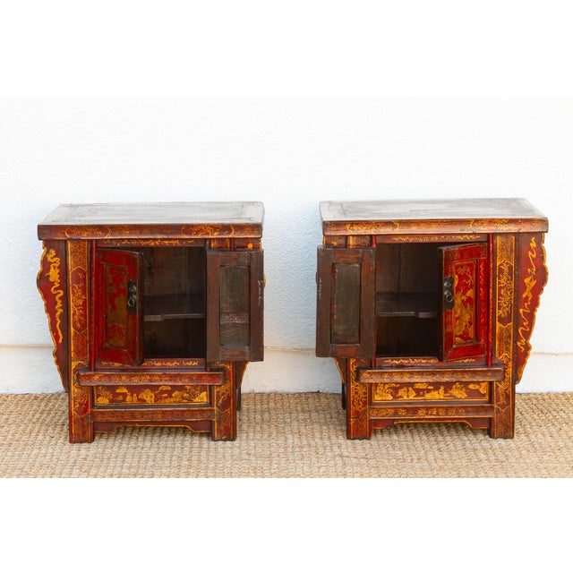 Pair of Red & Gilt Chinoiserie Small Cabinets For Sale In Los Angeles - Image 6 of 13