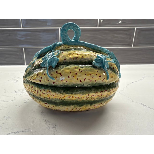Vintage Italian Majolica Melon Tureen With Lid Hand Painted Ceramic Serving Bowl with Turquoise Vine & Leaf Detail For Sale In Houston - Image 6 of 8
