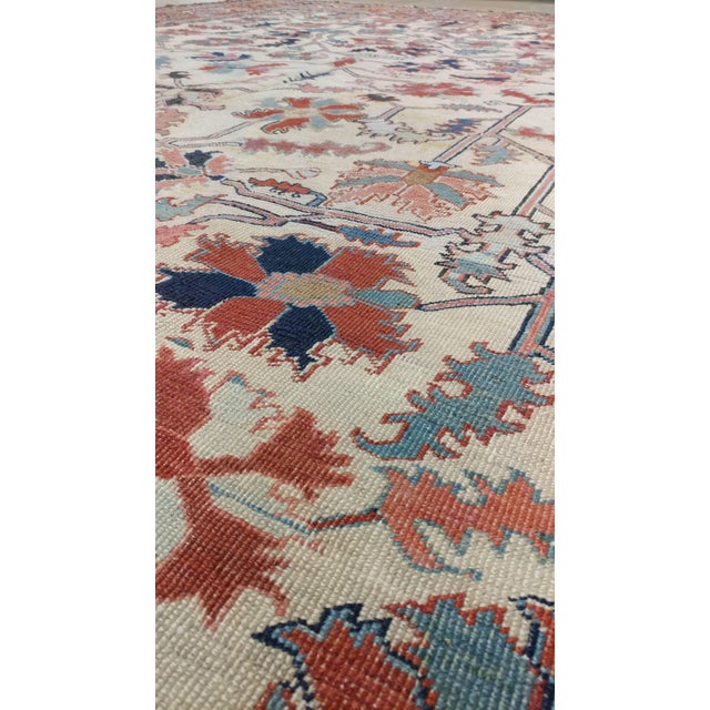 Antique Persian Serapi Carpet, Handmade Wool Oriental Rug, Ivory and Light Blue For Sale In New York - Image 6 of 18