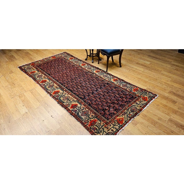 19th Century Persian Kurdish Gallery Rug, Hand-Knotted Wool, All-Over Paisley & Poppy Pattern, Navy & Ivory, 5x10 For Sale - Image 4 of 18