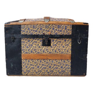 Late 19th Century Victorian Dome-Top Steamer Trunk - Blue & Gold Floral Embossed Tin For Sale