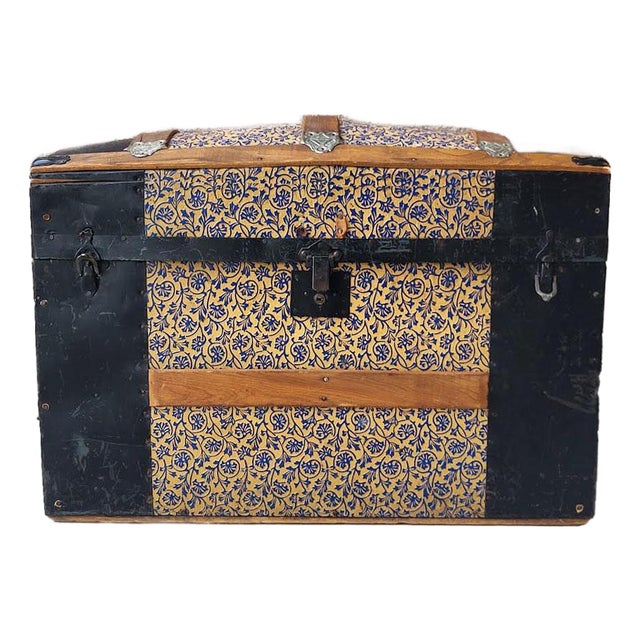 Late 19th Century Victorian Dome-Top Steamer Trunk - Blue & Gold Floral Embossed Tin For Sale