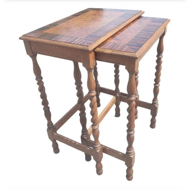 Mid-Century Modern 1960s Mahogany Barley Twist Banded Walnut Satinwood Burl Nesting Tables, a Pair For Sale - Image 3 of 11
