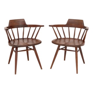 George Nakashima Walnut Captain's Armchairs, Pair For Sale