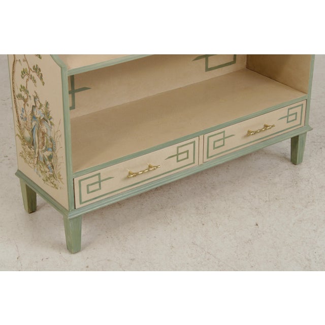 Pair Artist Signed Chinoiserie Style 2 Drawer Open Bookcases For Sale - Image 10 of 18