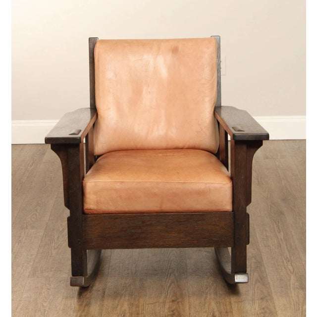 Oak Craft Antique Mission Oak and Leather Rocking Chair For Sale In Philadelphia - Image 6 of 12