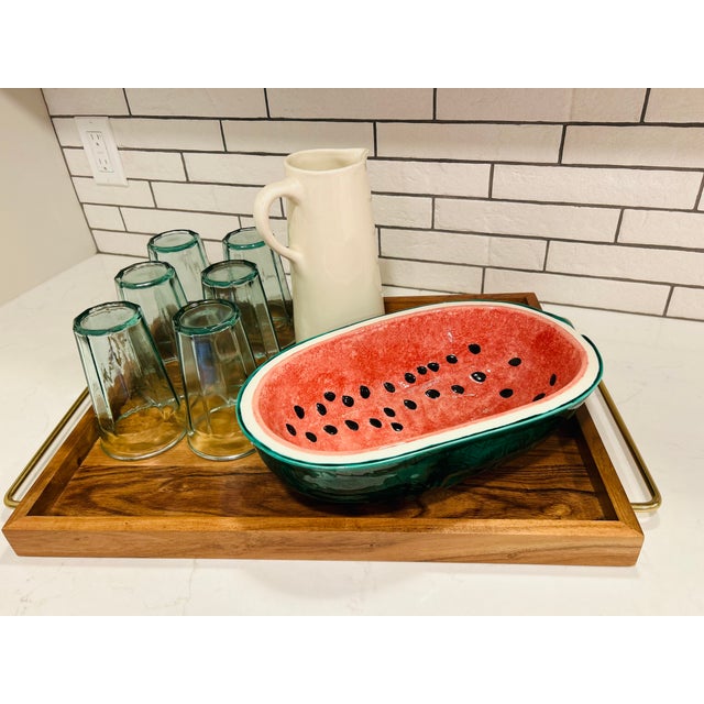 Vintage Watermelon Glazed Pottery Serving Bowl - Green Red Oval Bowl For Sale - Image 9 of 11