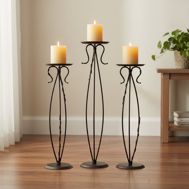 Rustic Hand Forged Iron Floor Pedestal Set of 3 (131cm & 115cm) Antique Bronze Finish Candle Holder & Plant Stand Floral Display For Sale - Image 3 of 8