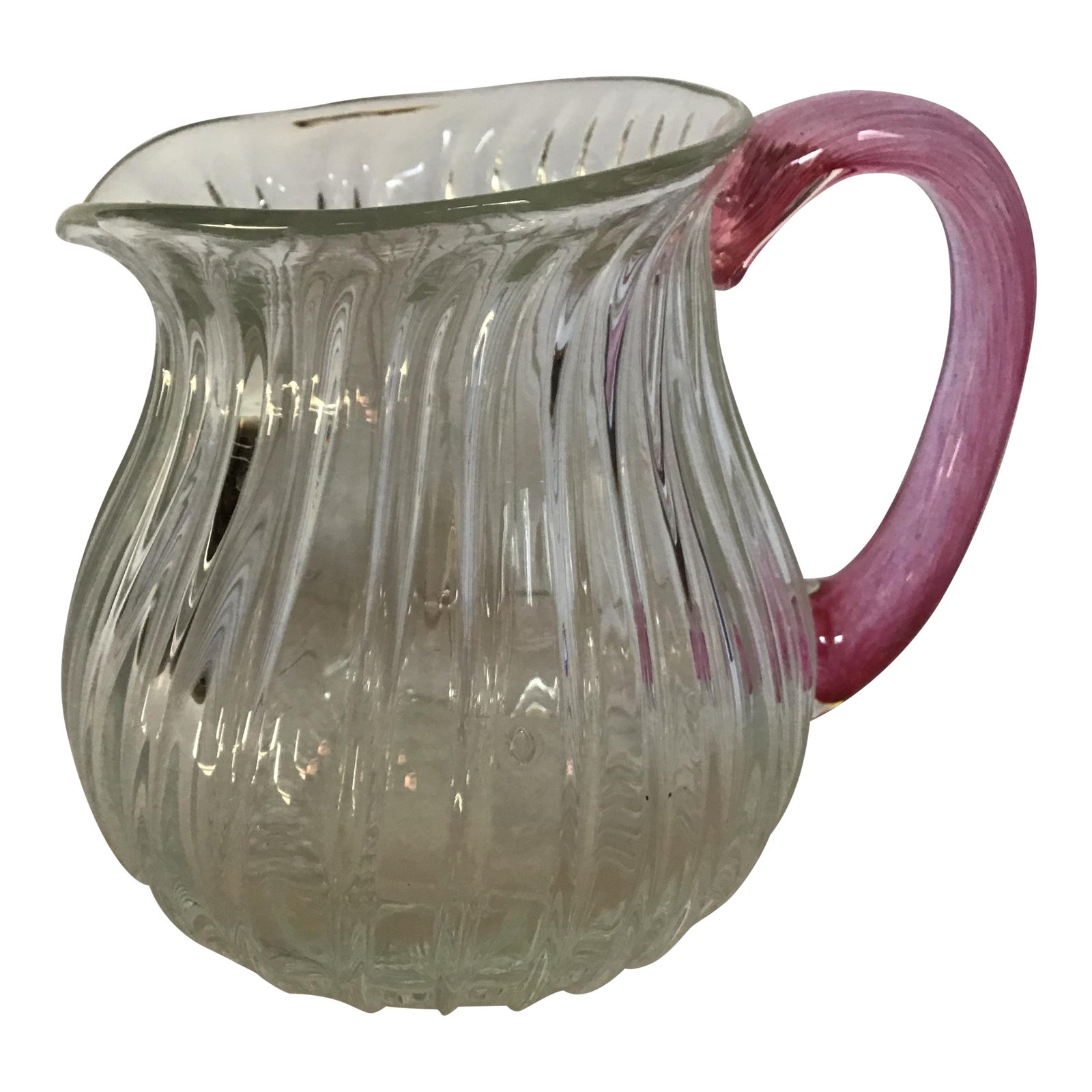 Vintage Ribbed Blown Glass Round Pitcher With Pink Glass Handle Chairish