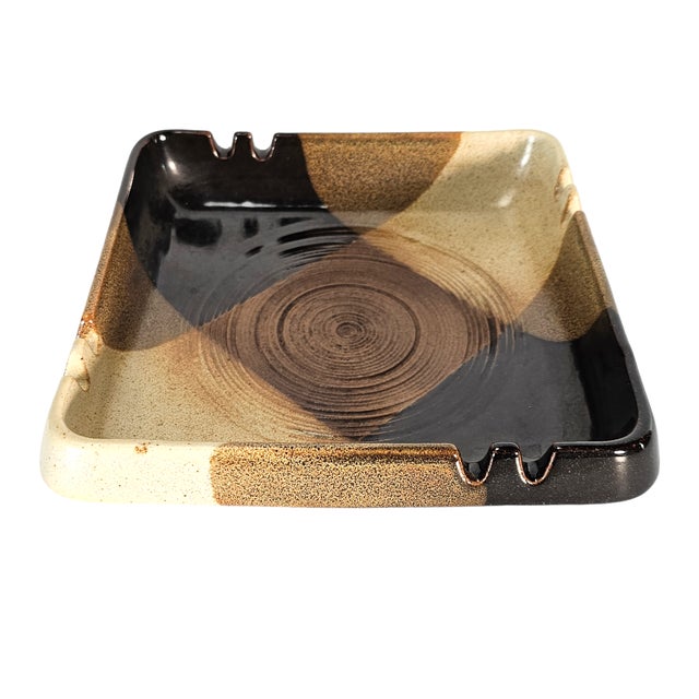 MCM Treasure Craft Stoneware Brown Plaid Ashtray Trinket Dish 7.5" For Sale - Image 9 of 12