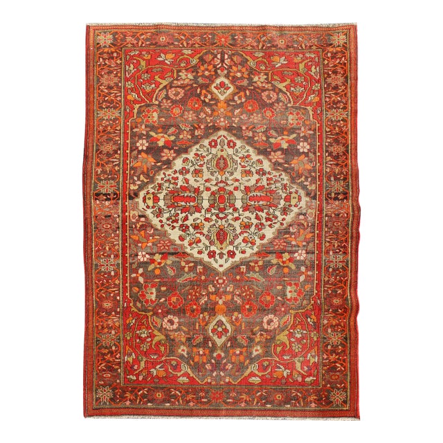 Sarouk Farahan Rug With Florals and Vine Scrolls in Red, Ivory, Taupe and Orange 4'4"x6'6" For Sale