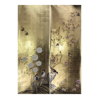 Hand Painted Gold Leaf Chinoiserie Wallpaper Panels, Birds & Magnolia Floral Mural, Set of 2 Panels, Custom Size Available For Sale