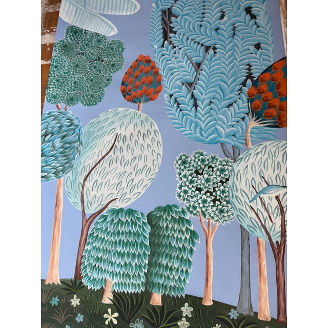 Not Yet Made - Made To Order Blue Chinoiserie Mural | Hand-Painted Xuan Paper Wallpaper With Birds, Tropical Foliage & Leopard | Set of 4 For Sale - Image 5 of 7