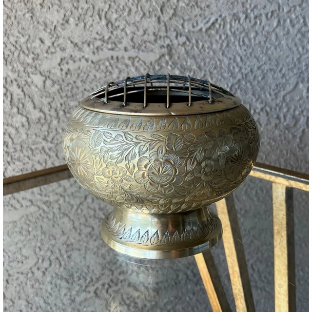 Circa 1970 Engraved Floral & Foliate Ikebana-Style Brass Pedestal Base Flower Frog For Sale - Image 4 of 14