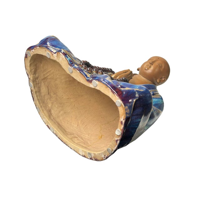 Fine Chinese Shiwan-Style Ceramic Luohan Amitabha in Deep Sea Glaze For Sale - Image 12 of 13