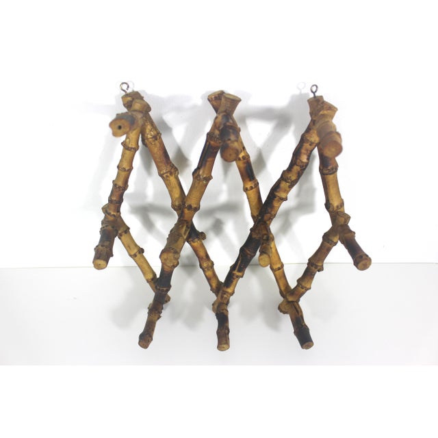 Early 20th Century Vintage Burnt Bamboo Accordion Wall Rack Hooks French Coat Hook Victorian For Sale - Image 5 of 14