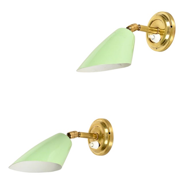 Italian Wall Lights in Brass and Green Metal by G. Ostuni, 1950s, Set of 2 For Sale