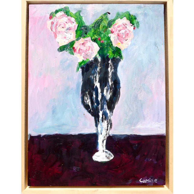 Abstract Three French Roses in a Vase, Oil Painting For Sale - Image 3 of 8
