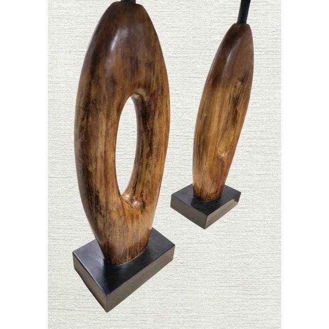 Vintage Extra Tall Organic Wood and Bone Mid Century Modern Open Oval Black Shade Table Lamps - a Pair For Sale - Image 10 of 15