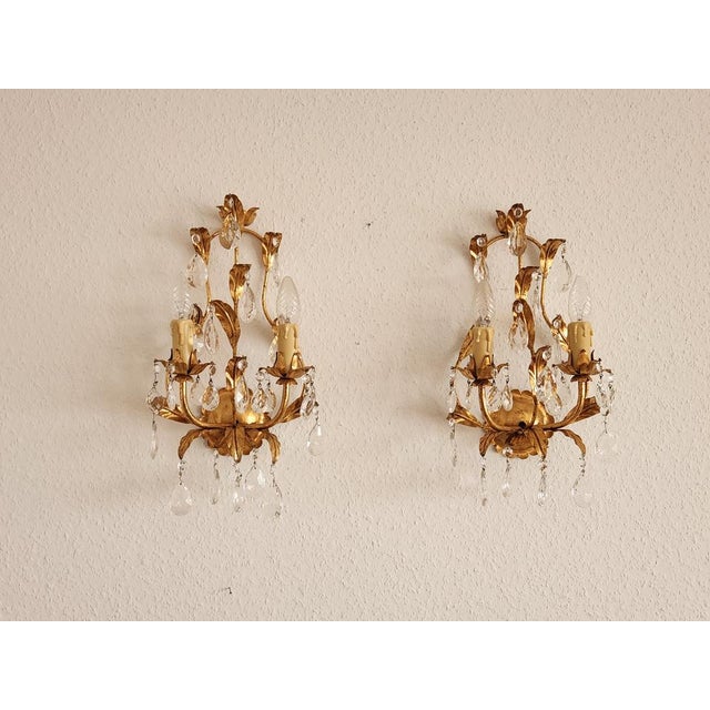 Hollywood Regency Hand-Forged Gold Leaf Gilded Floral 2-Light Wall Lamp with Crystals, 1950s For Sale - Image 14 of 18