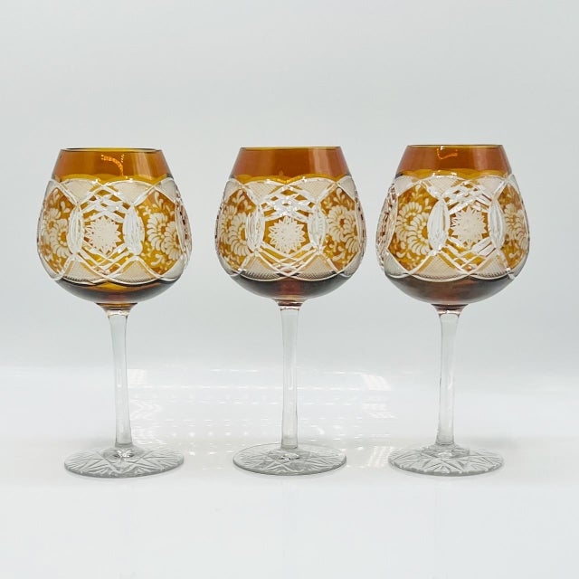 Vintage Bohemian Amber Cut-to-Clear Wine Glasses, 1950s, Set of 3 For Sale - Image 11 of 11