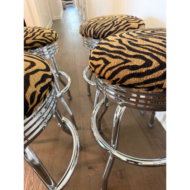 Chrome Vintage Chrome Swivel Counter Stools in Tiger-Print Chenille, Set of 4 For Sale - Image 8 of 10
