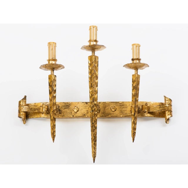 Gold 1950s Spanish Gilt Metal Gothic 3-Light Wall Sconce For Sale - Image 8 of 8