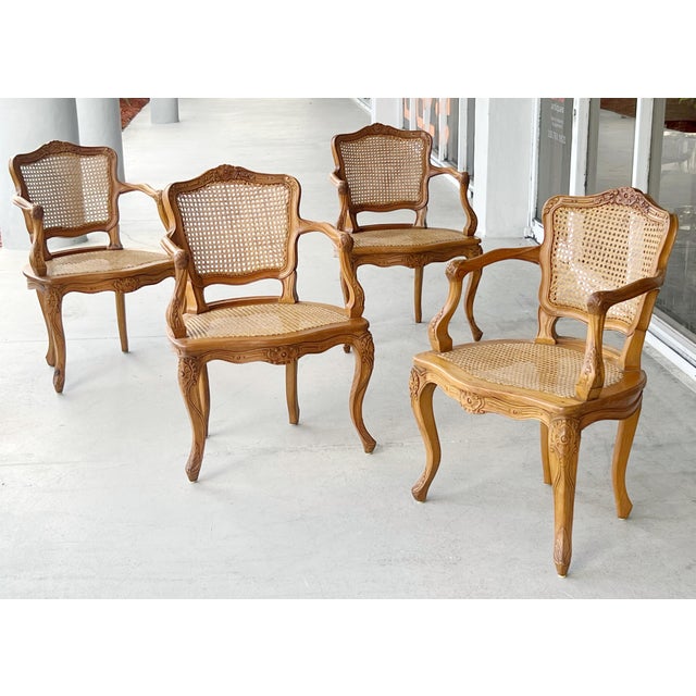 Pair of 1960s French Wood and Cane Arm Chairs Louis XV Style by Marie Albert For Sale - Image 4 of 18