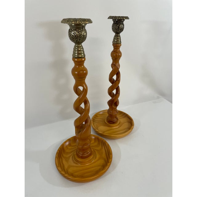 Vintage English Oak Open Barley Twist Candlesticks - A Pair For Sale - Image 6 of 15
