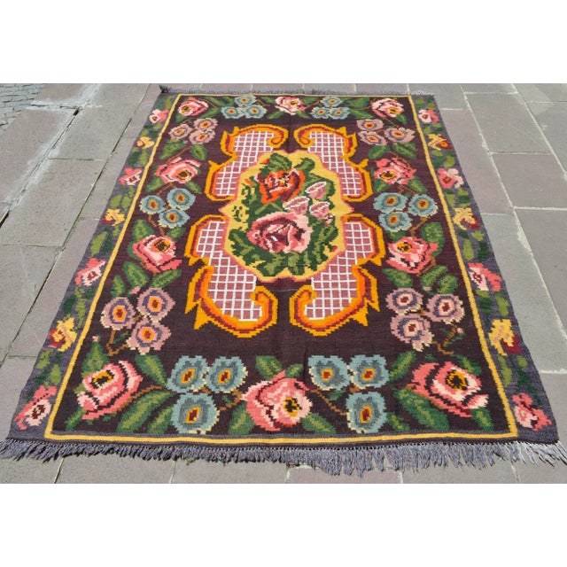 Caucasian Rug Hand Woven Moldova Kilim Bessarabian Floral Area Rug Goblen Rug - 5′3″ X 6′10″ For Sale - Image 4 of 9