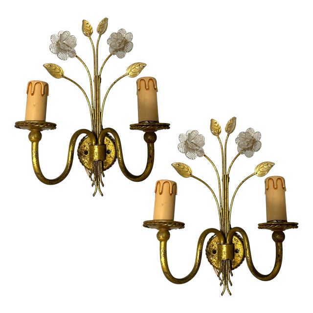 Italian Murano Glass Gold Gilded Sconces, 1960s, Set of 2 For Sale