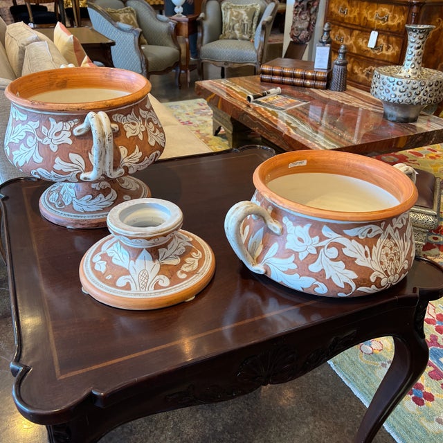 Italian Hand Painted Two Piece Centerpiece/Planter Featuring an Upper Bowel With Handles For Sale - Image 12 of 13