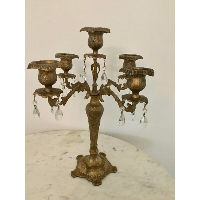 Early 20th Century Rococo Brass Candelabra With Crystal Teardrops
